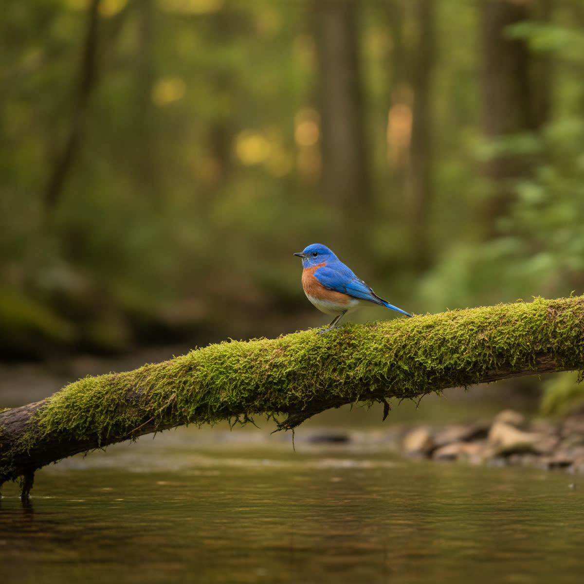 An eastern bluebird perched on a mossy branch above a creek