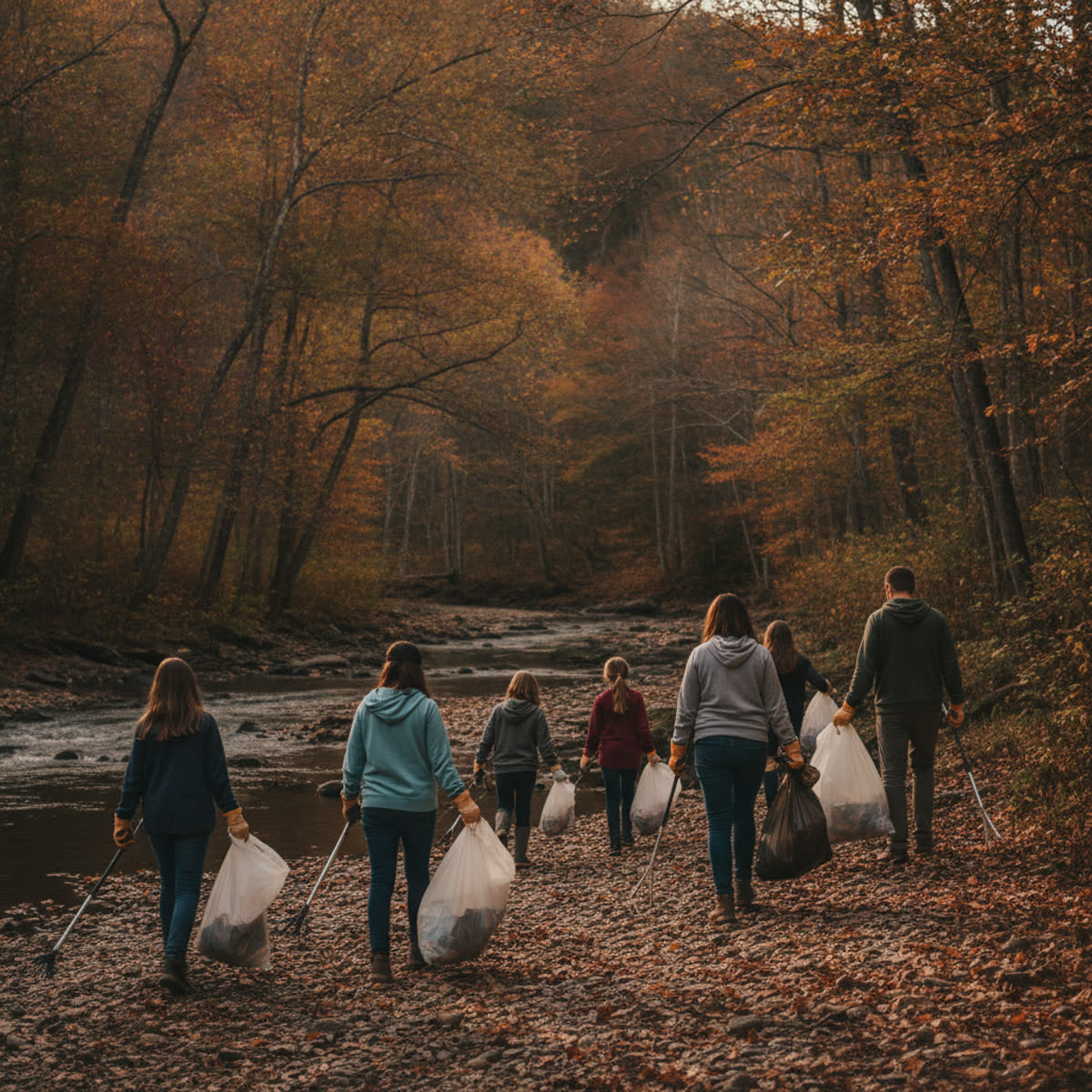 A group of volunteers of mixed ages walking a creek during a cleanup, carrying trash bags