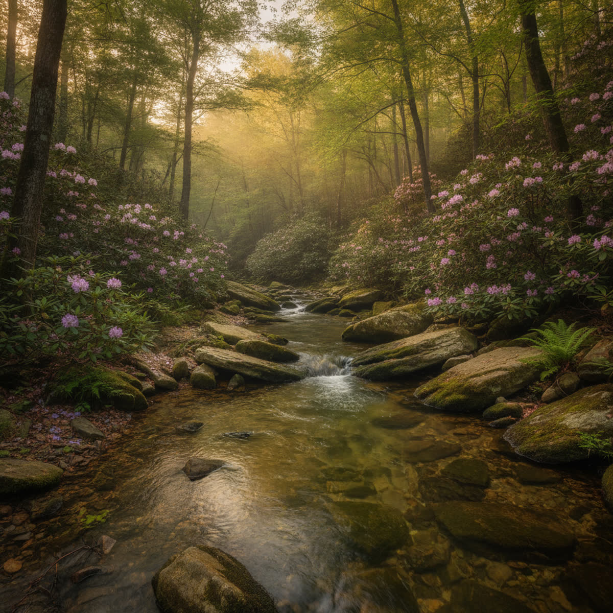 A clear mountain creek flowing over mossy stones through a rhododendron-lined forest in western North Carolina