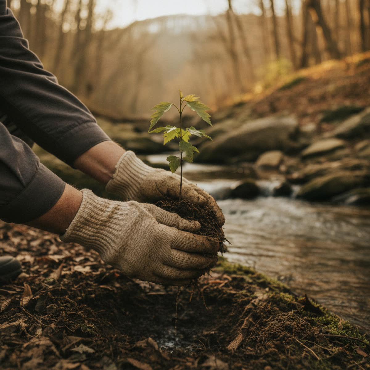 Gloved hands planting a native tree seedling on a creek bank